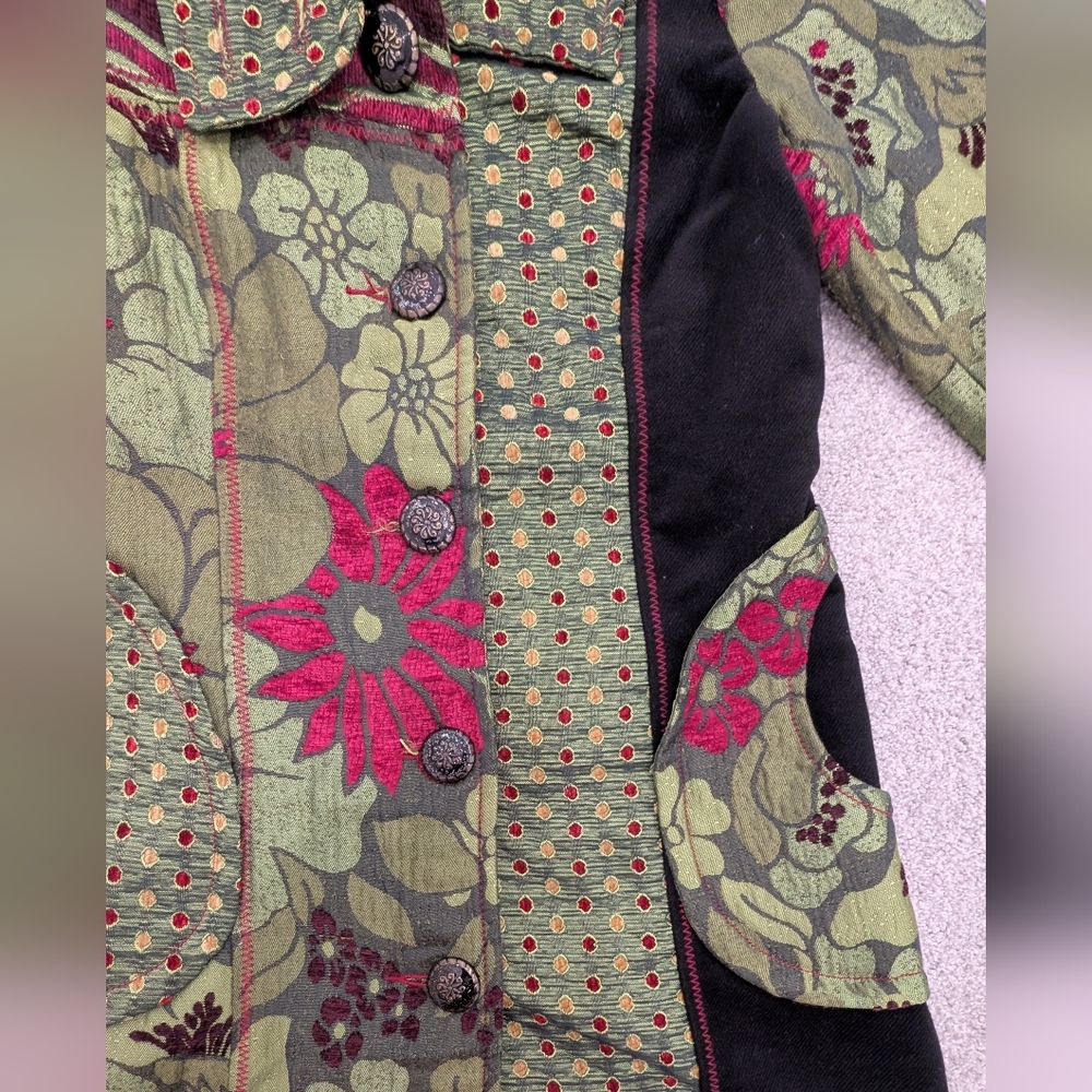 GUC Neslay Paris Women Sz S Jacquard Long Blazer Jacket Black Green Floral Fairy - Picture 3 of 11